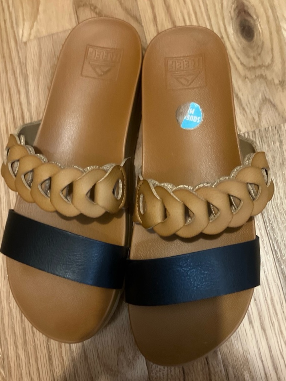 Reef Women's Tan and Black Braided Two-Strip Slide Sandals